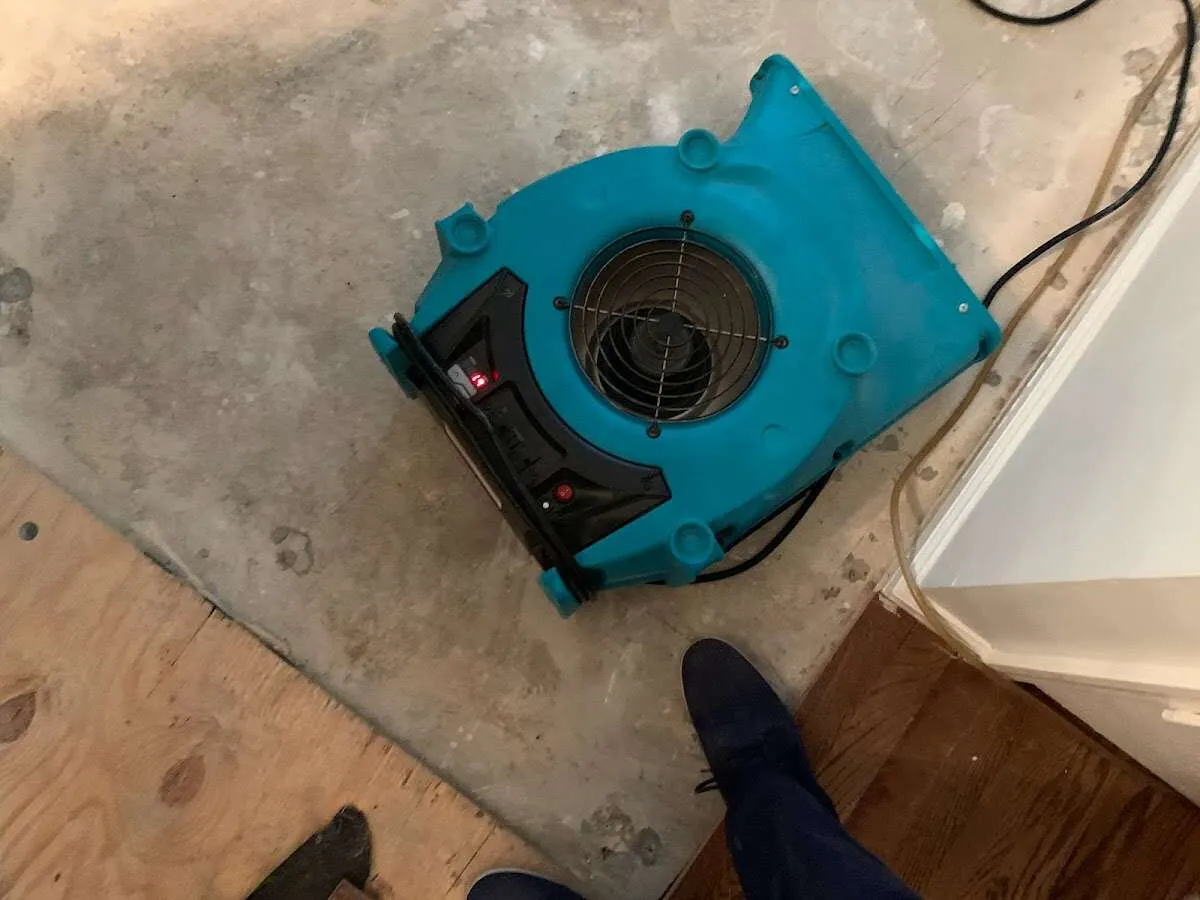 Air mover drying subfloor during Leak Detection & Repair in Lincoln